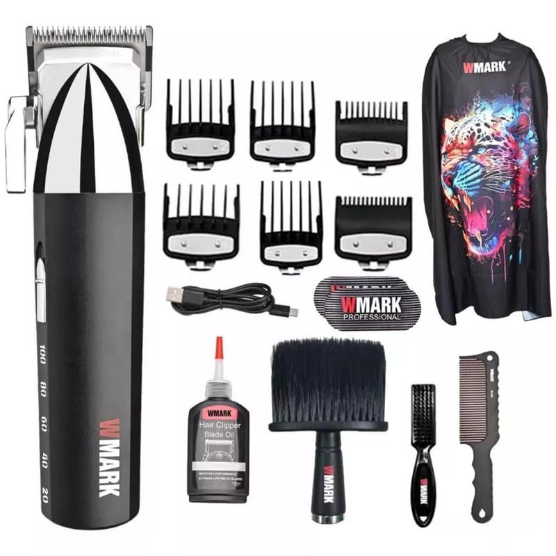 WMARK Ultra Premium Professional 9000 RPM 2 Speed Hair Clipper Set Zinc Alloy Body Digital Display 6 Guide Comb Taper Lever Cutting Cape Cleaning Brush Hair Brush Hair Sticker 180 min, Model 1