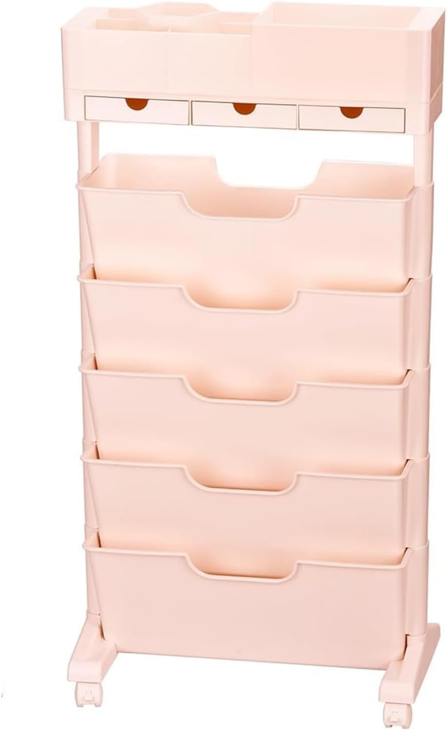 Book cartRolling File Cart 6 Tier, Detachable Utility Storage Cart Mobile Bookshelf with Wheels and 3 Drawers for School,Bedroom,Classroom,Office,Library,Kids Room,Pink