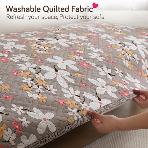Image of HOKIPO 'Homehues Series' Printed Quilted Sofa Cover 5 Seater Set - Washable 3+1+1 Sofa Cover Mat, Pastel Brown Sandwort Flower (IN-806 * 2 + IN-809 - D1)