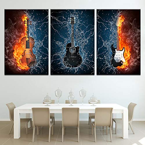 Impression sur toile guitare en feu - Affiche triptyque vibrante pour la maison - 3
