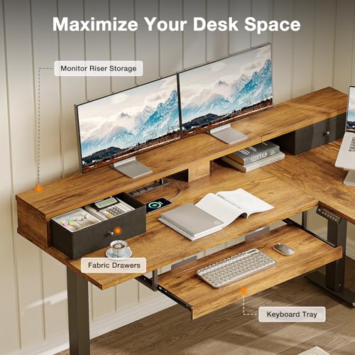 Image of Casaottima 59 Inch Electric L-Shaped Standing Desk with Drawers, Height Adjustable Stand Up Corner Desk with Monitor Stand & Keyboard Tray, Lift Table for Home Office, Workstation, Rustic Brown