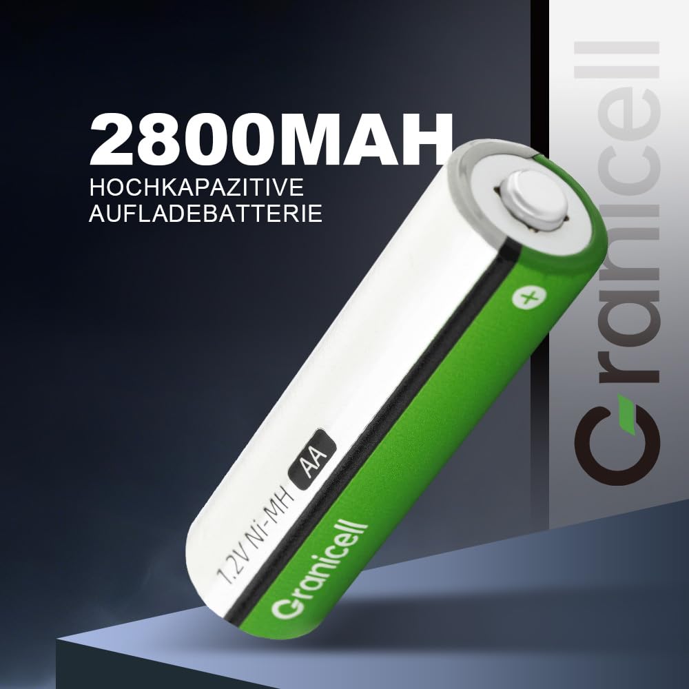 Granicell 8-Slot Akku Ladegerät mit 16 Stück Akkus (8X AA 2800mAh + 8X AAA 1100mAh), 1.2V Mignon Micro NI-MH Wiederaufladbare Batterien (Vorgeladen), XXL Familien-Kombiset