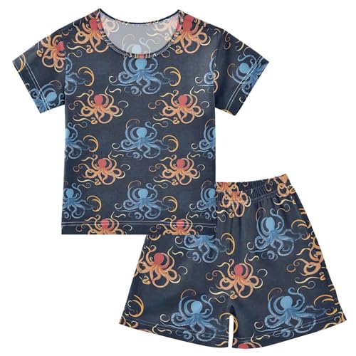 Blue Red Octopus Pajama Set, Short Sleeve Cotton Sleepwear Nightwear