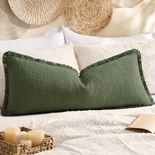 100% Cotton 14x36 Inch Lumbar Pillow Cover with Fringe 1 Pack Olive Green