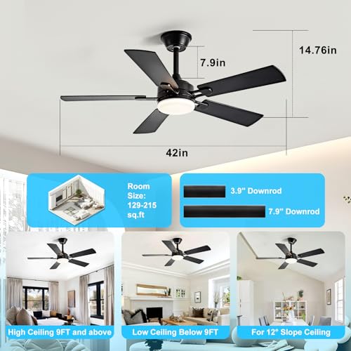 Image of Depuley 42-inch Ceiling Fan with Light: Black Ceiling Fan for Living Room Indoor Outdoor - Modern Ceiling Fan with Remote Control 3CCT Dimmable Noiseless 5 Reversible Walnut Blades 6 Speeds Timer