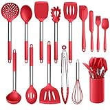 LIANYU 15-Piece Cooking Kitchen Utensils Set with Holder, Silicone Kitchen Tools Stainless Steel Handle, Slotted Spatula Spoon Turner Tong Whisk Brush for Cooking, Red
