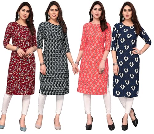 Image of JAKHANA Women's Crepe Printed Casual Straight Calf Length Round Nick Kurta Pack of 4