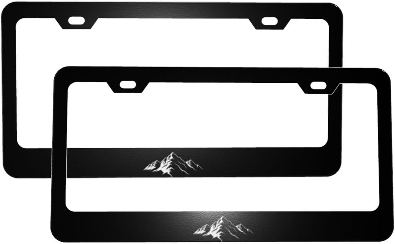Winter Snow Mountain Adventure Matte Aluminum License Plate Frame with Black Screw Caps，2pcs 2 Holes Black Licenses Plates Frames,Car Licenses Plate Covers Holders for Us Vehicles/Women/Men