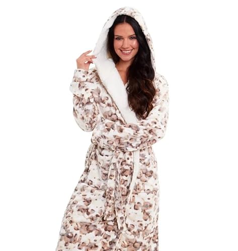 Premium Hooded Dressing Gown For Women | Ladies Soft Bath Robe With Pockets & Belt | Cozy Warm Loungewear Best For Winter | Fleece Dressing Gown (Uk, Alpha, L, Regular, Regular, 21937 - Snow Cat)-image