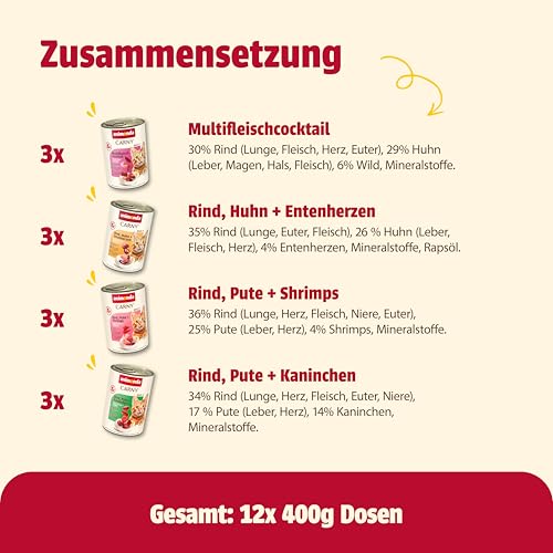 animonda Carny Katzen Nassfutter, Sorten Mix 'Kräftige Variation' (12 x 400g), getreidefreies Katzennassfutter ohne Zucker für ausgewachsene Katzen mit frischen fleischigen Zutaten