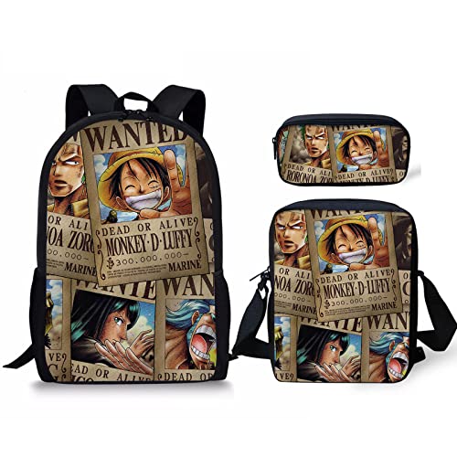 Fdetfs One Piece Sac À Dos Ensemble de 3 Pièces, Sac à école 3D Casual, Sac à Dos D'école pour Plein Air Loisirs Voyage -Luffy G Cover