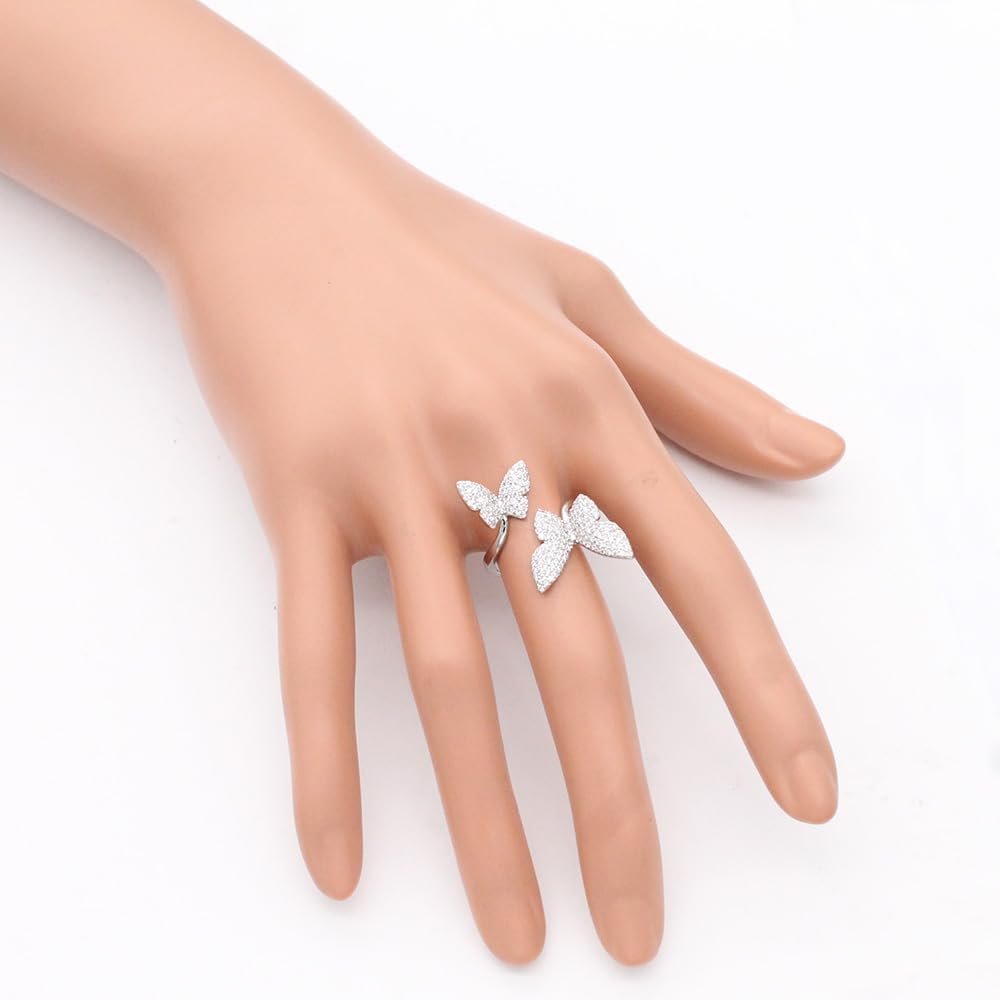 Lavencious Double Butterfly Design Adjustable Rings Cubic Zirconia Statement Ring for Women Size fit for 6 to 8.5 - Image 3
