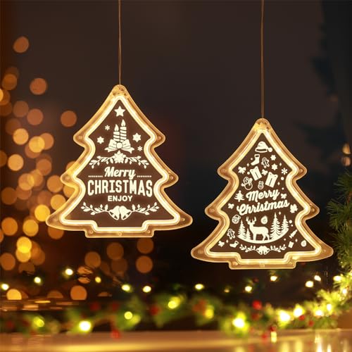 BLOOMWIN Decoración Luces Navidad Ventana - 2pc Cortina de Luces con Árbol de Navidad a Pilas - Guirnalda Luces Colgantes Navideñas para Ventana Interior Habitación Puerta - 21cm, Blanco Cálido