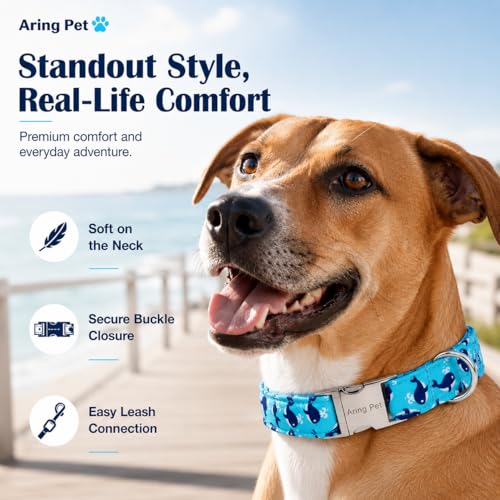 Image of ARING PET Summer Dog Collar for Small Medium Large Boy Dogs-Blue Whale S | Cute Male Heavy Duty Pet Collars with Metal Buckle for XS S M L XL Dogs, for Beach Trips Lake Camping Seaside Walk Photoshoot