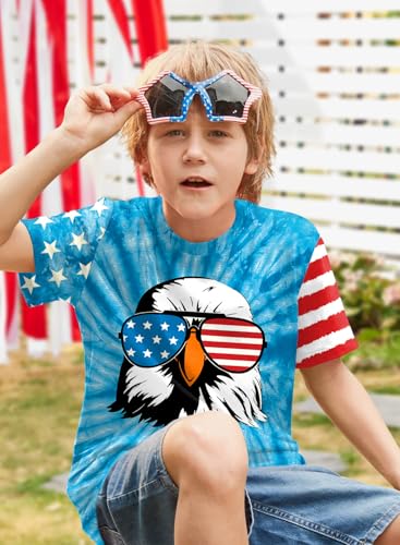 Image of BesserBay Unisex Kids 4th of July American Flag Tee Tie Dye Patriotic Short Sleeve Shirt 6-14 Years