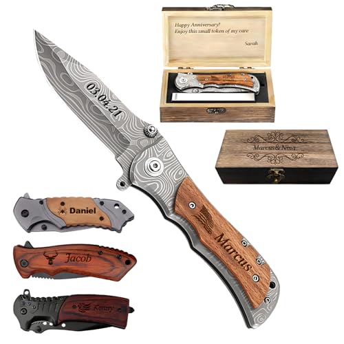 HICUSX Custom Pocket Knife - Personalized Knife for Men Customizable Wooden Box Gifts with Name for Husband Dad Boyfriend Birthday Christmas Anniversary Fathers Day(Style2)
