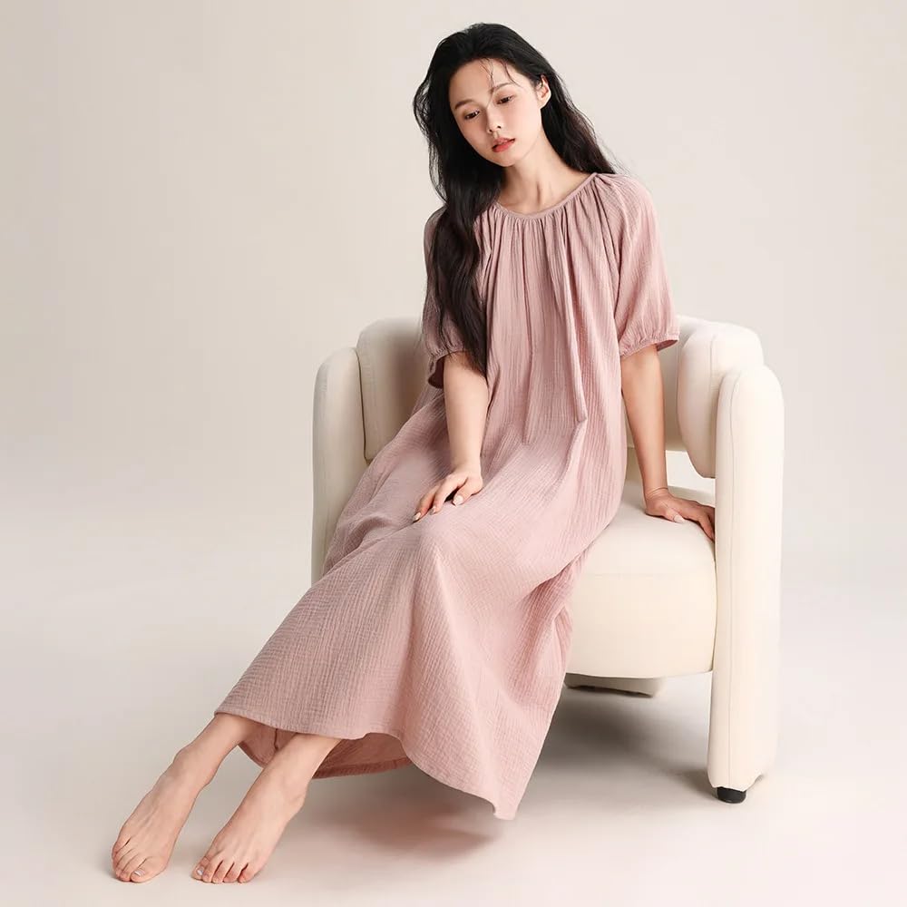 Camisón De Primavera Y Verano para Mujer, Cuello Redondo, Suelto E Informal, De Algodón, Manga Corta, Vestido De Noche Medio Largo
