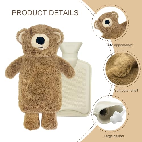 Wärmflasche mit Bezug 1L, Tier Wärmflasche Kinder, Gummi Wärmflaschen mit kuschelig weichem Bezug, Süße Wärmflaschen Bär für Bauch Hand Fuß Körper Warmhalten, Hot Water Bottle Zur Reinigung Abnehmbar