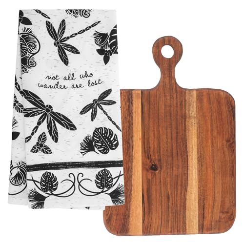 Karma, Boho Tea Towel with Acacia Wood Cutting Board, 100% Cotton Hand Towel for Kitchen – Housewarming Gift Set Boho Kitchen Home Décor, Dragonfly