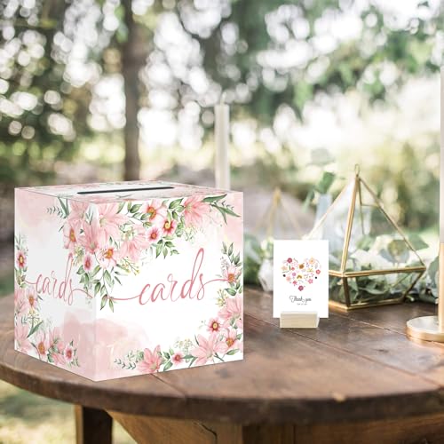 Image of 2 Pack Watercolor Pink Floral Card Box Wedding Card Box Holder Gift Cards Receiving Box for Party Graduation Bridal or Baby Showers, Raffle Ticket Box Money Box for Birthday Party Retirements