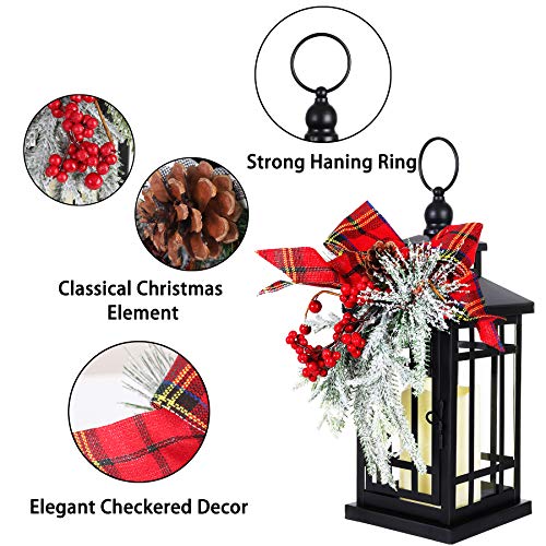 14" Christmas Flameless Flickering Candle Lantern Decorative For Outside Outdoor Indoor Patio Table Party, Black Hanging Lanterns Battery Operated With Red Bow #TOP1
