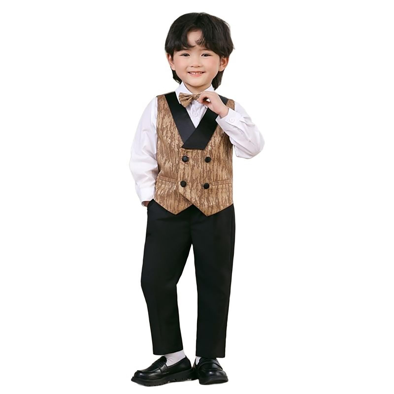 Ensemble Enfant Garcon, Ensemble de Smoking 4 pièces pour garçon, Gilet et Pantalon, nœud Papillon et Bretelles, Coupe Slim