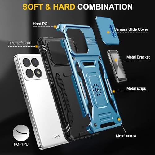 Image of Polycarbonate Slide Camera Cover with Ring Holder Mobile Phone Back Cover for Poco X6 Pro 5G (Blue)