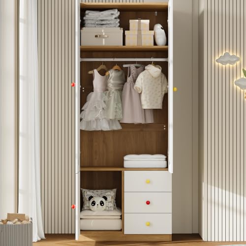 Merax Armadio con cassetti per cameretta dei bambini, bianco, finitura laccata, con asta appendiabiti e manici in ceramica colorata, 80 × 45 × 200 cm, armadio piccolo per vestiti per bambini