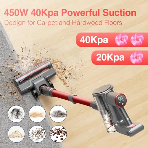 Image of Zefiro Cordless Vacuum Cleaner, 450W /40Kpa Vacuum Cleaners for Home | 50Mins Stick Vacuum with LED Display, Anti-Tangle and Lightweight, Rechargeable Vacuum for Pet Hair /Carpet /Hardwood Floor