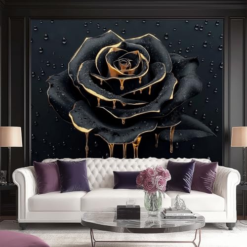 Papel tapiz fotográfico Negro Muebles Decoración 300 x 210 cm Removible Impermeable papeles pintados no tejidos Metal Gotas De Lluvia Pétalos De Rosa Moderna Sala Cuarto Oficina Murales
