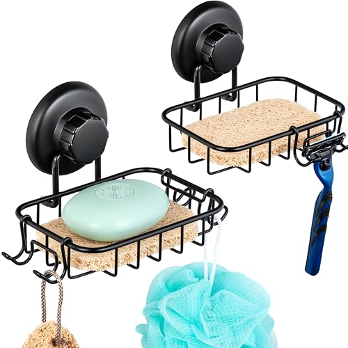 HASKO 2 Pack Suction Cup Soap Dish for Shower Wall Rustproof Stainless Steel Shower Soap Holder with Hooks Includes Optional No Drill Adhesive Mount for Bathroom 2 Soap Savers Black
