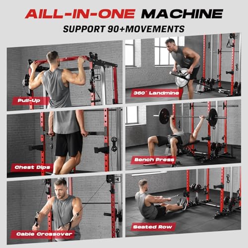 Image of Smith Machine Home Gym, Multi-Function Power Cage with Dual Pulley Cable Crossover System, All-in-One Squat Rack with Smith Bar and Strength Training Attachments for Full-Body Workouts