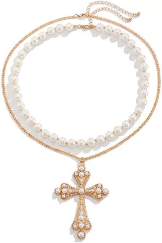 2Pcs Metal Pearl Collar Necklace Festival Beaded Choker Necklace Wedding Bridal Rhinestone Cross Pendant Pearl Clavicle Chain Jewelry for Women