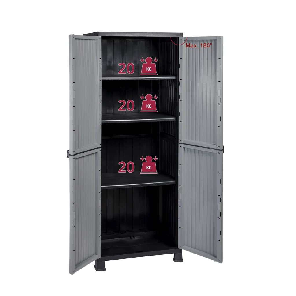 Kreher Kunststoffschrank Noble hoch, 171 x 68 x 40 cm, mit 3 Einlegeböden, verstellbar, je 20 kg Tragkraft pro Boden - hohe Version grau
