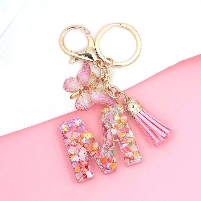 Image of GEOCARTER Lightweight Fashion Initial Letter Key Ring with Butterfly Pendant & Tassel, Stylish Purse Charm for Handbags, Car Keys, Gifts for Girls & Women