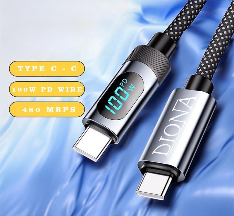 Image of DIONA 100W Type C to Type C Cable with LED Display with 5A Max Output, Fast Data Sync, 1.2M Length, Tangle Resistance Compatible With Mobile,Laptop,Tablets&Macbook,Rapid Data Transmission(Black)