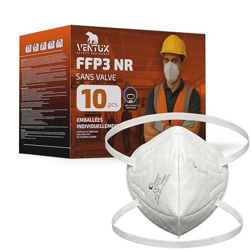 VENTUX SAFETY EQUIPMENT Masque FFP3 NR Sans Valve Pliant – 10 Pièces | Masque Respiratoire Protection Poussières Particules | Masque FFP3 Emballé Individuellement