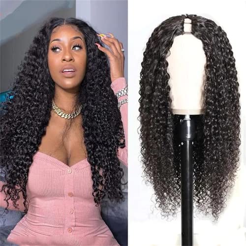 UNice Hair Curly U Part Wig Human Hair 4x1 inch Leave Out Brazilian Virgin Human Hair U-Part Wig for Women Glueless None Lace Front Clip in Half Wig 150% Density Natural Color 20 Inch
