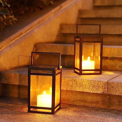 Image of Techko Outdoor Solar Flickering Candle Lantern Farmhouse Modern Light Design with Handle, Realistic Safe Flameless, Waterproof IP65