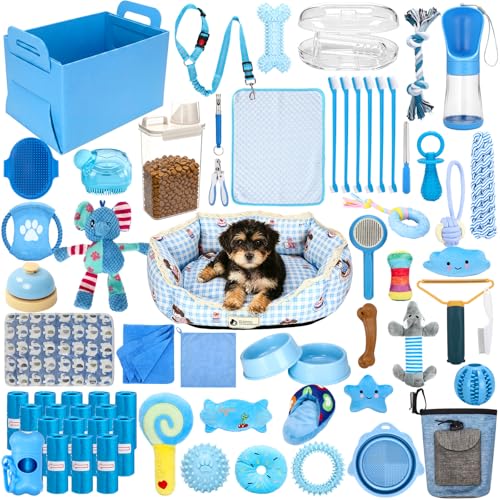 Abbylike 75 Pcs Puppy Supplies Starter Kit for Small Dogs New Puppy Essentials Starter Kit for School Dog Toys Includes Dog Leash Bowl Brushes Water Bottles Welcome Home Gift (Blue)
