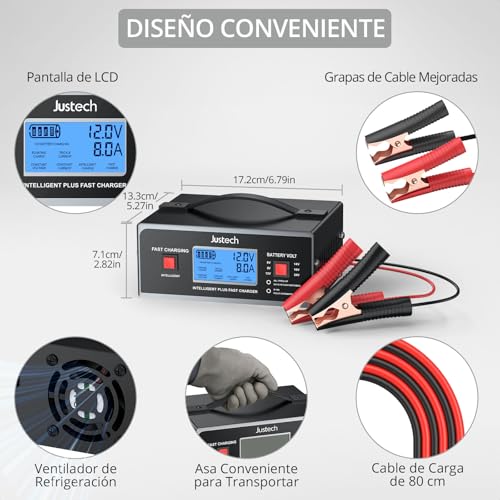 Justech Cargador de Baterias Coche y Moto 6/8/12/14/16/24V,0-10A,Cargador de Batería de Plomo-Ácido Inteligente con Pantalla LCD para AGM,Gel,SLA - imagen 5