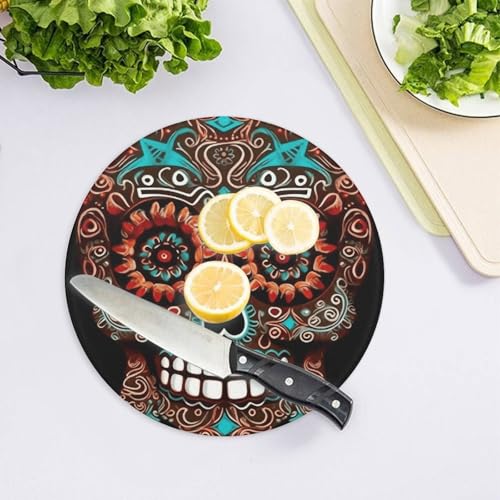 Tabla de Cortar Redonda Sugar Skulls Día de Muertos, Fácil de Limpiar, para Cocina, Tamaño Grande 7,9 pulgadas, Ideal para Carnes y Verduras miniatura 4