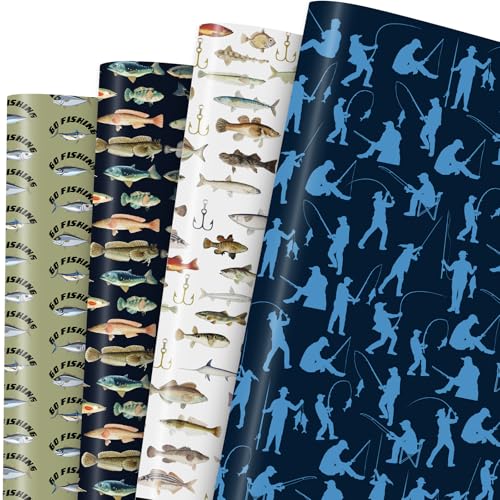 Pineraap Bass Fishing Wrapping Paper 12 Sheets Fish Gift Wrap for Men Angler Fisherman Birthday Party Supplies for Retirement Birthday Graduation Fathers Day 20x28 Inches