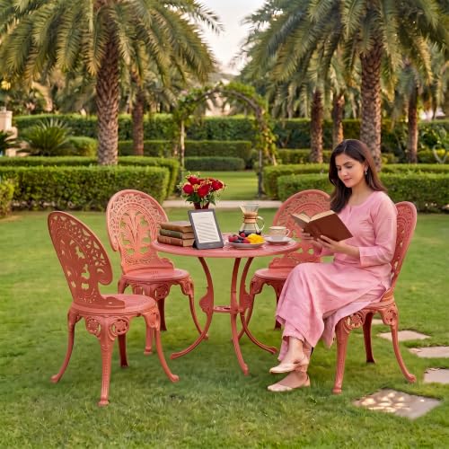 Image of BRISHI Cast Aluminium Garden Patio Seating Chair and Table Set for Balcony Outdoor Furniture with 1 Table and 4 Chair Set (Red)