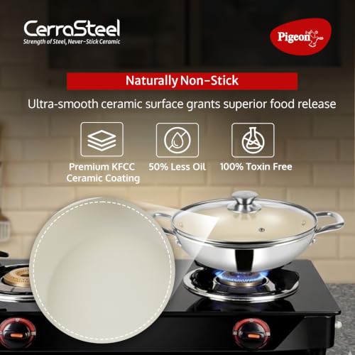 Image of Pigeon Cerrasteel 24cm Ceramic Kadai| Non-Stick| Ceramic Coated| Beige