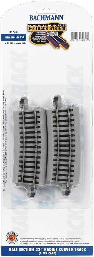 Bachmann Trains HO Scale Nickel Silver E-Z Track Half Section 22 Radius Curved Track (4/Pack) - Grey