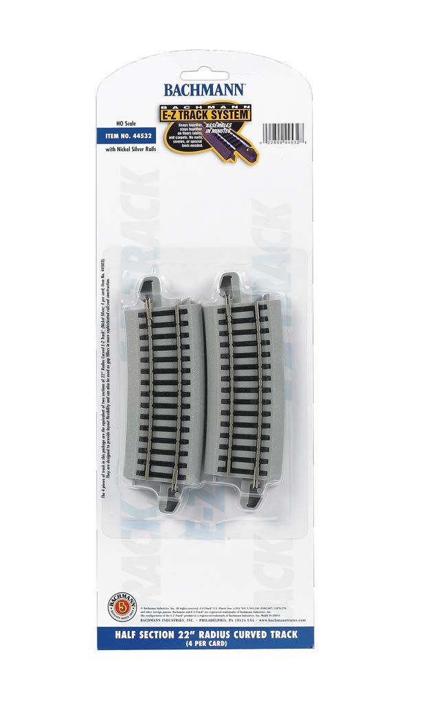 Bachmann Trains - Snap-Fit E-Z TRACK HALF SECTION 22" RADIUS CURVED (4/card) - NICKEL SILVER Rail With Gray Roadbed - HO Scale