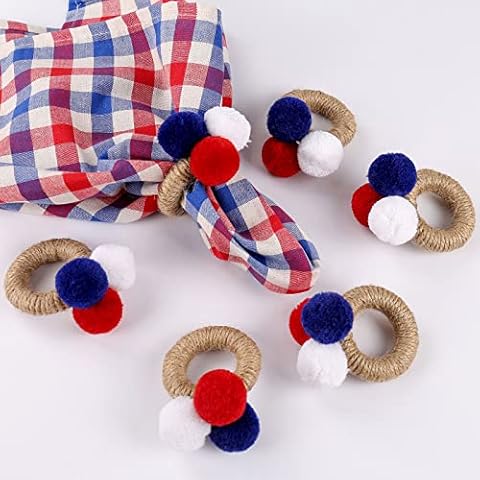 Napkin Rings Set of 6,Handcraft Napkin Holders for Patriotic Independence Day 4th of July Veterans Day Memorial Day Red Blue White Hair Ball Napkin Buckle Table Ring for Dinning Table Decorations … Cover