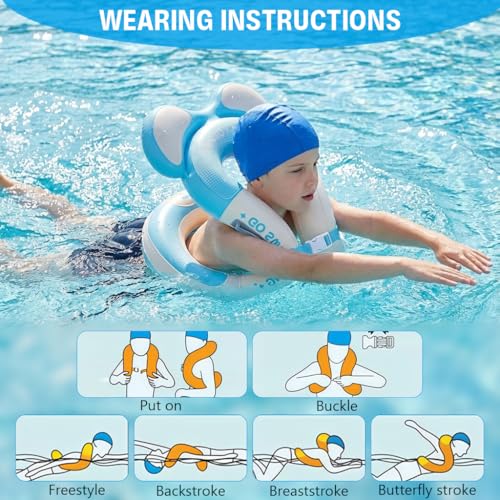 Image of Proberos Kids Armpit Swimming Ring PVC Buoyancy Vest for Beginners Age 3-15, Anti Rollover & Press-&-inflate Design, Adjustable Safety Buckle, Cartoon Swim Tube for Kids for Boys & Girls, Blue