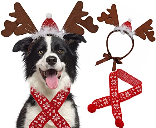 Dog Christmas Costume, Dog Reindeer Antlers Headband Decorated with Santa Hat and Dog Christmas Scarf for Small Medium Large Dogs